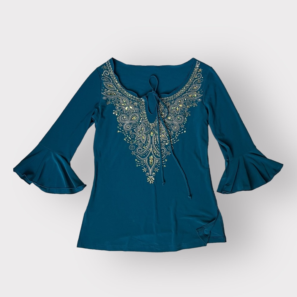 Vintage Y2K Dark Teal Sequin Filigree Peasant Hippie Blouse with Trumpet Sleeve